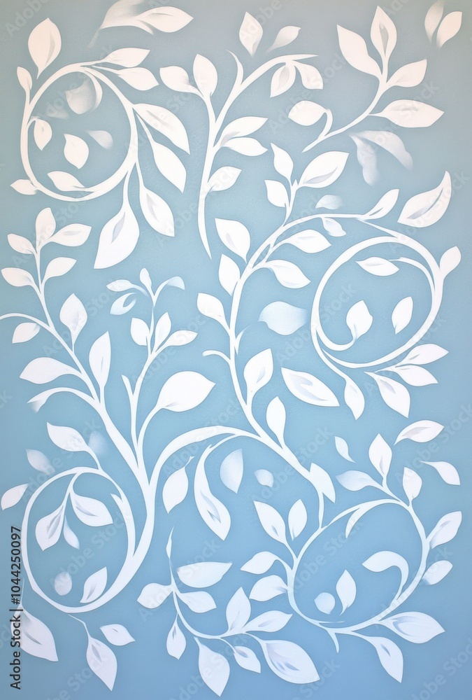 A white, light blue stencil of an elegant, swirling pattern with leaves, on a plain background.  