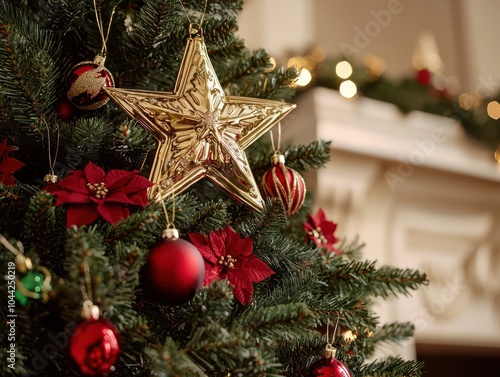 A traditional Christmas tree with red and green decorations and a gold star topper photo