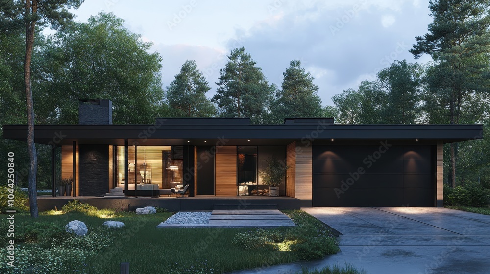 Modern black house surrounded by green landscape Modern black house surrounded by green landscape