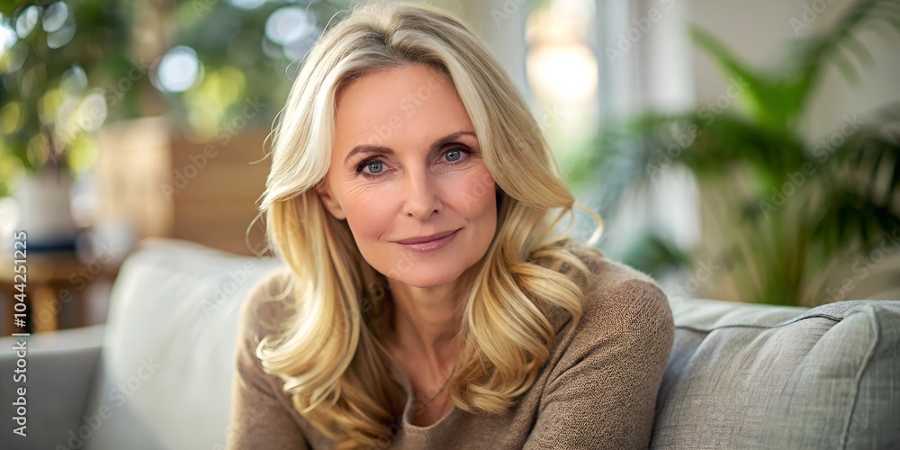Portrait of a blonde woman sitting on a sofa, looking at the camera. Relaxing at home or in an apartment. Portrait of a blonde woman sitting on a sofa, looking at the camera. Relaxing at home or in an apartment.