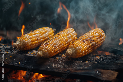 Roasted sweet corns on fire food photography photo