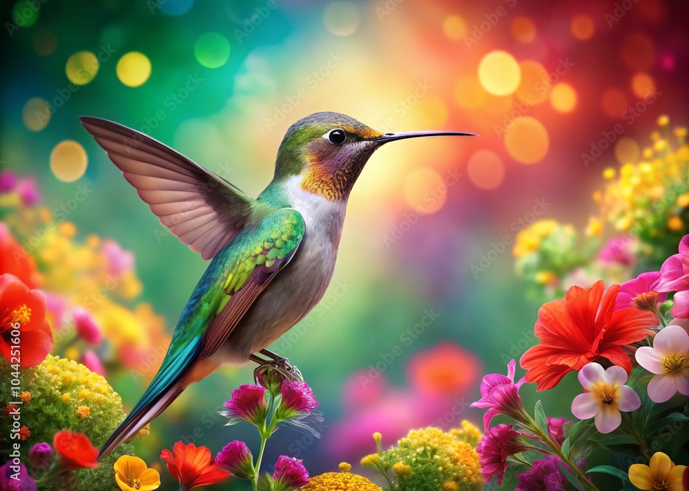 Fototapeta premium Vibrant Hummingbird and Floral Artistry in Lush Garden Setting - Stunning Colorful Painting for Nature Lovers and Home