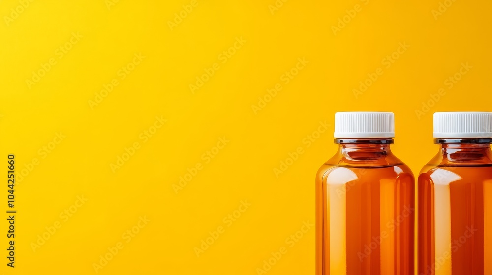 Vivid orange bottles with white caps on vibrant yellow background, minimalist and dynamic composition, representing energy and hydration for fitness Vivid orange bottles with white caps on vibrant yellow background, minimalist and dynamic composition, representing energy and hydration for fitness