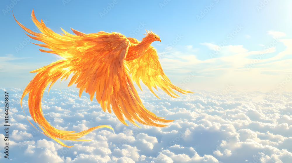 Obraz premium Flame shaped phoenix soaring gracefully over the vast sky his vast wings fluttered like flames the golden feathers shone brightly. Golden Phoenix. Illustration