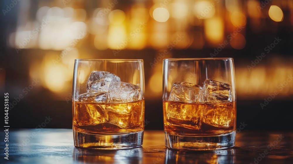 Whiskey glasses with ice, soft warm light highlighting the rich amber colors and smoky essence, set against a blurred bar background, whiskey ambiance, bar luxury Whiskey glasses with ice, soft warm light highlighting the rich amber colors and smoky essence, set against a blurred bar background, whiskey ambiance, bar luxury