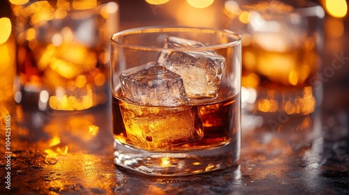 Whiskey glasses with shimmering ice cubes, bathed in rich amber light. Warm tones highlight the smooth texture of the liquor in a cozy atmosphere