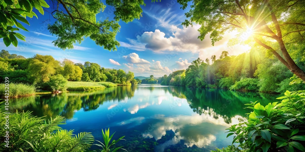 Fototapeta premium Vibrant Nature Scene Showcasing The Environment with Lush Greenery and Clean Water for Eco-Friendly Awareness