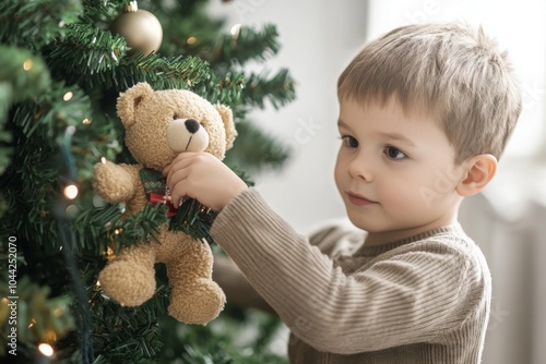 Boy Decorating Christmas Tree with Toys While Holding Teddy Bear in Home with White Walls, Blurred Background, and Cinematic Lighting photo