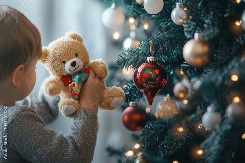 Boy Decorating Christmas Tree with Toys While Holding Teddy Bear in Home with White Walls, Blurred Background, and Cinematic Lighting photo