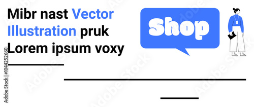 A stylish character stands beside a blue speech bubble with the word Shop. Ideal for online shopping promotions, e-commerce advertising, digital marketing, retail websites, and modern business
