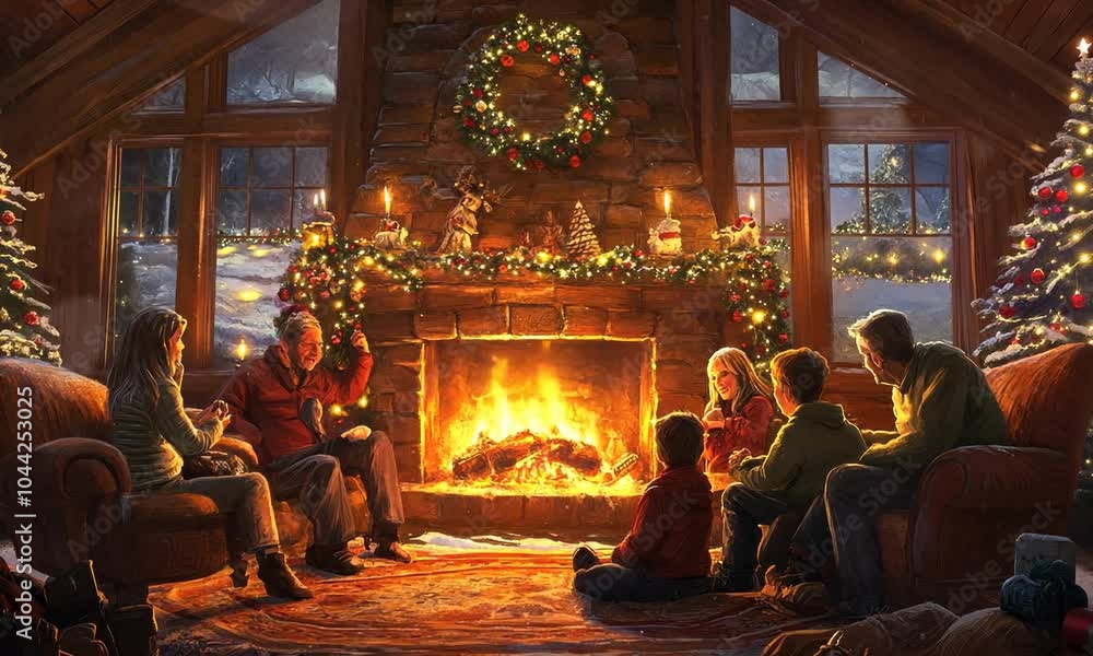 Christmas Family Gathering by the Fireplace