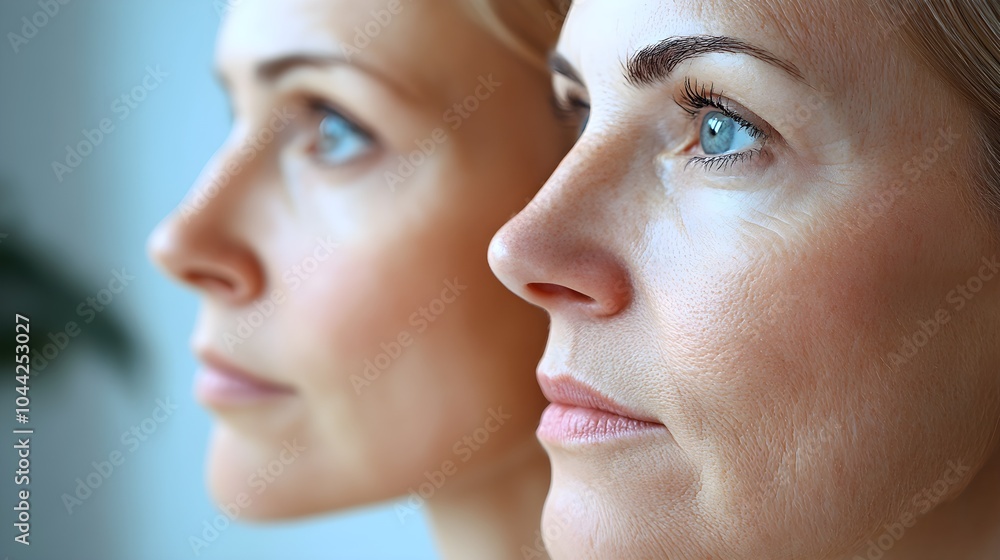 Fototapeta premium Before-and-after images of facelift results, highlighting long-term improvement in fine lines and deep wrinkles, close-up facial views, Realistic, Soft Lighting