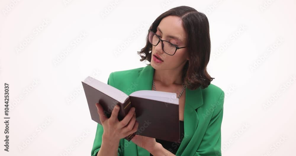 Thoughtful woman in glasses reads historical book on white background. Young female in green jacket expresses astonishment with information Thoughtful woman in glasses reads historical book on white background. Young female in green jacket expresses astonishment with information