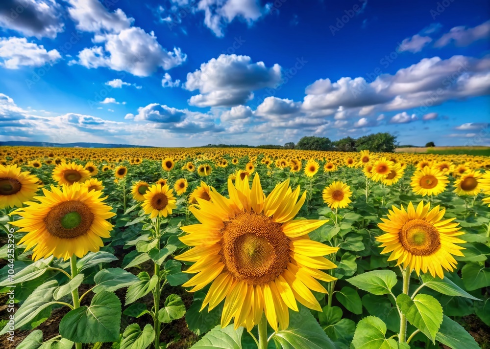 Fototapeta premium Vibrant Yellow Sunflower Field in Summer with Copy Space for Text and Design Elements