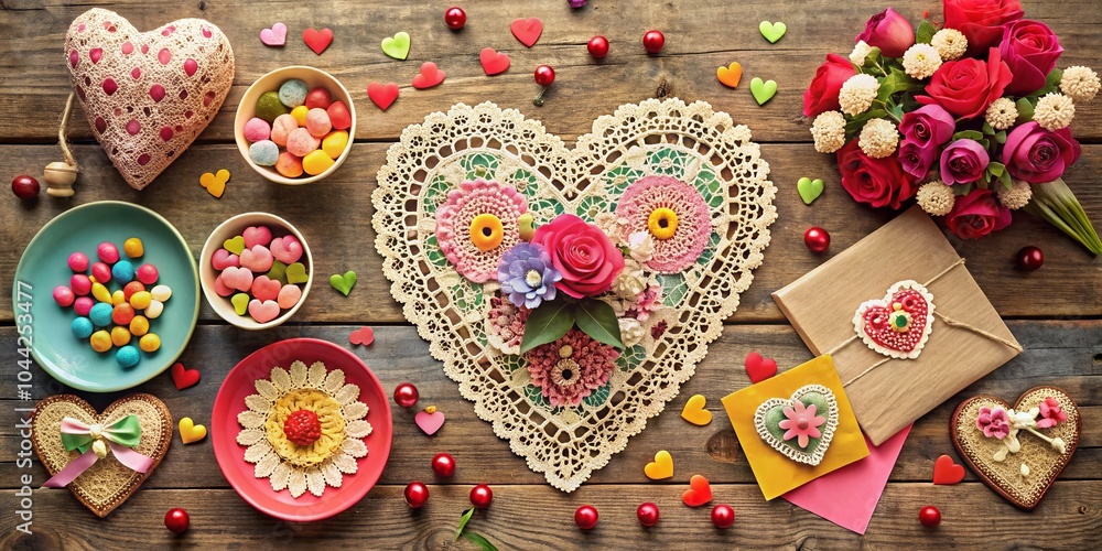 Fototapeta premium Vintage 60's Valentine's Day Decor with Retro Heart and Floral Designs for Romantic Nostalgia