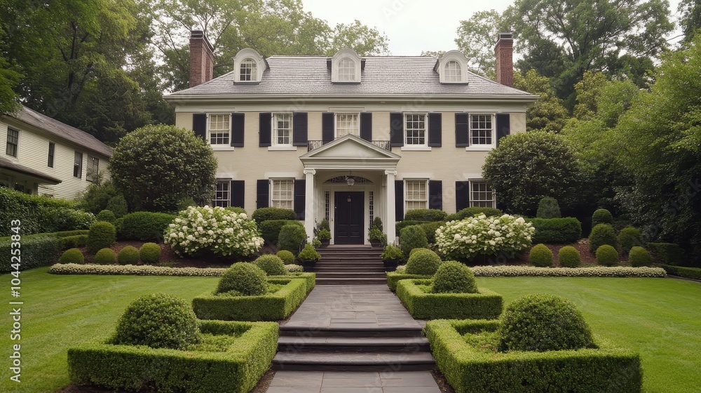 Obraz premium Elegant Traditional Home with Lush Garden Landscape