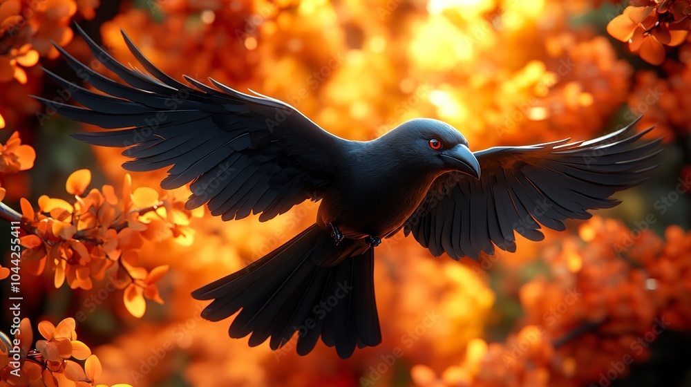 Black Crow in Flight Against a Golden Autumn Background Black Crow in Flight Against a Golden Autumn Background