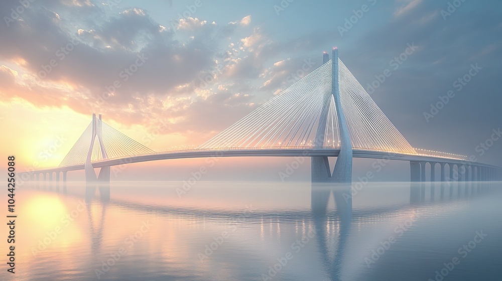Obraz premium A Cable-Stayed Bridge Over a Calm Body of Water at Sunset