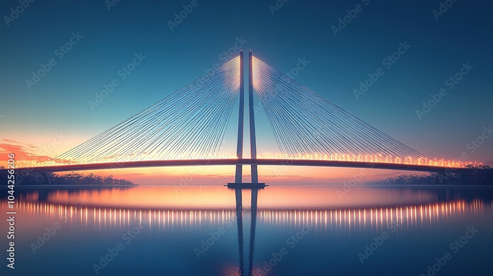 Obraz premium A Cable-Stayed Bridge Over Calm Water at Sunset