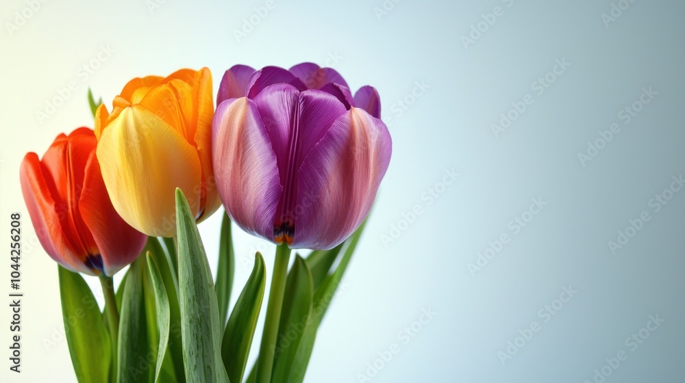 A Close-up of Three Colorful Tulips with Green Leaves against a Light Blue Background A Close-up of Three Colorful Tulips with Green Leaves against a Light Blue Background