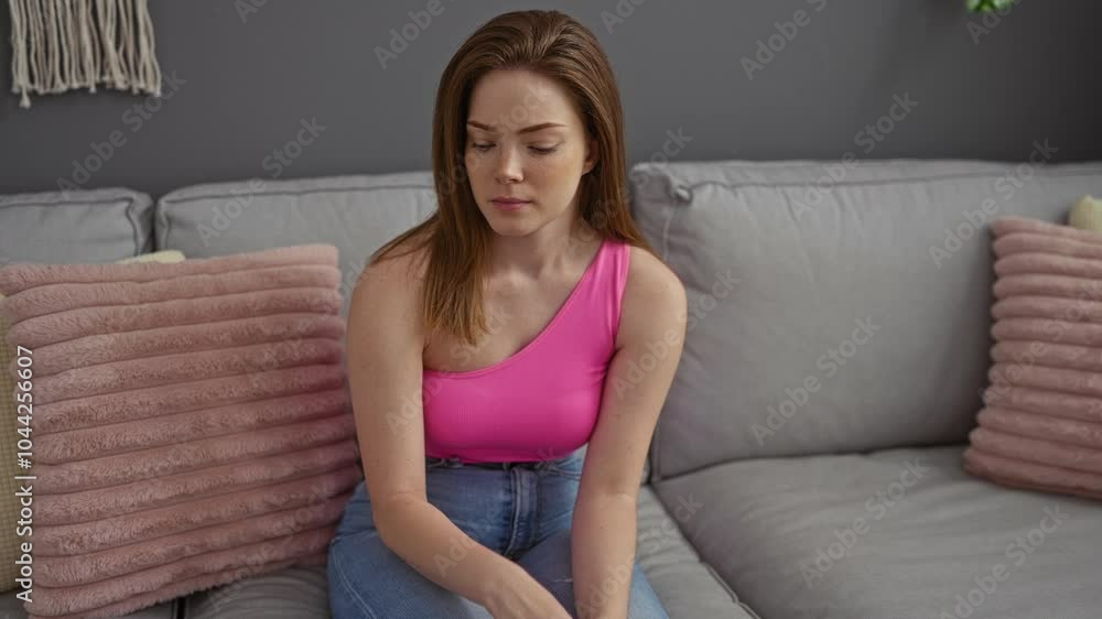 Young woman covering nose due to bad smell sitting on couch wearing pink top in living room Young woman covering nose due to bad smell sitting on couch wearing pink top in living room