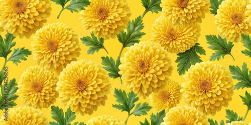 Seamless pattern of yellow chrysanthemum flowers with leaves