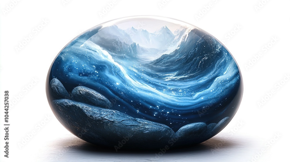 A Crystal Sphere Encapsulating a Misty Mountainous Landscape with Waves and Rocks A Crystal Sphere Encapsulating a Misty Mountainous Landscape with Waves and Rocks