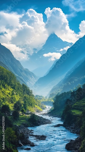 Breathtaking View of Ghangaria Village and Pushpawati River in the Garhwal Himalayas Under a Blue Sky. Generative AI