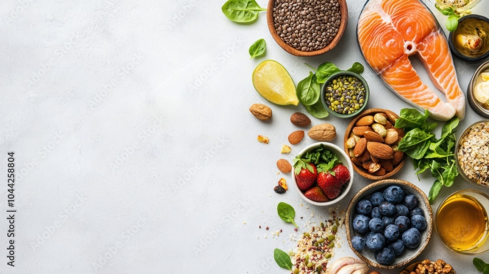 A Colorful Flat Lay of Various Healthy Foods on a White Table Showcasing Nutritious Options and Flavors. Generative AI A Colorful Flat Lay of Various Healthy Foods on a White Table Showcasing Nutritious Options and Flavors. Generative AI
