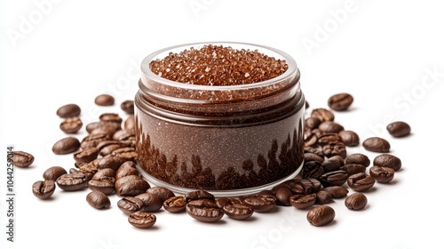 Handmade coffee scrub in a small jar, with coffee beans surrounding it, isolated on a bright white background, earthy tones and organic appeal photo