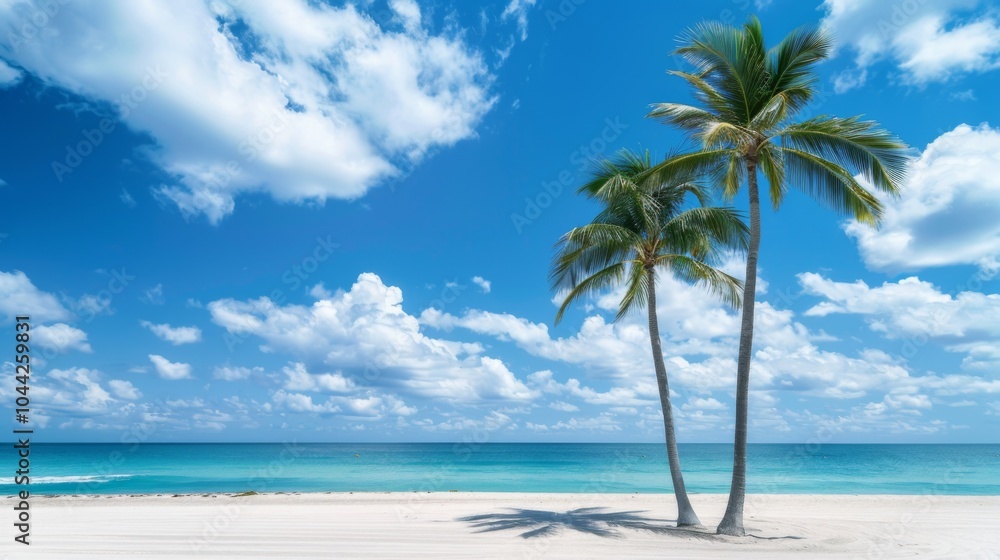 Idyllic tropical beach scene featuring two tall palm trees against a backdrop of clear blue sky and pristine ocean, evoking serenity and relaxation in nature. Idyllic tropical beach scene featuring two tall palm trees against a backdrop of clear blue sky and pristine ocean, evoking serenity and relaxation in nature.