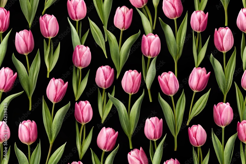 Seamless pattern with pink tulips flowers on black background minimalist Seamless pattern with pink tulips flowers on black background minimalist