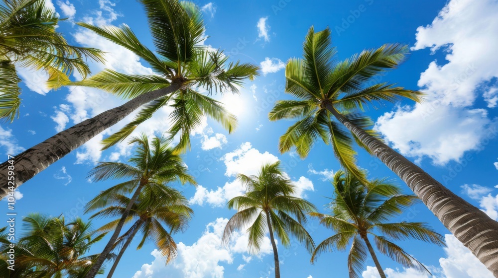 A stunning view of tall palm trees reaching up to a bright blue sky with scattered fluffy clouds, showcasing the serene beauty of nature and tranquility. A stunning view of tall palm trees reaching up to a bright blue sky with scattered fluffy clouds, showcasing the serene beauty of nature and tranquility.