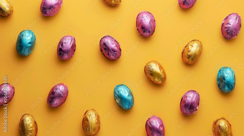 A vibrant image showcases colorful, foil-wrapped chocolate eggs arranged on a cheerful yellow background, capturing the essence of festive celebrations and joyfulness. A vibrant image showcases colorful, foil-wrapped chocolate eggs arranged on a cheerful yellow background, capturing the essence of festive celebrations and joyfulness.