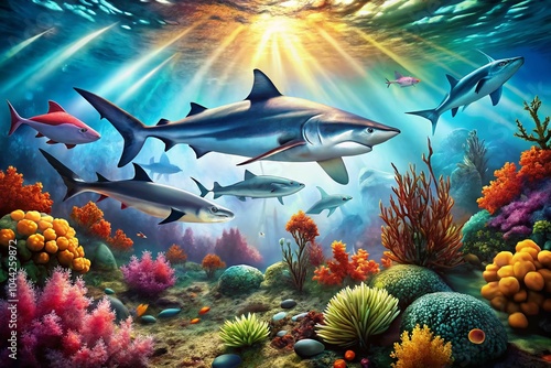 Wallpaper Mural Watercolor Underwater Scene with Sharks, Coral, and Seaweed - Bokeh Effect Background Torontodigital.ca