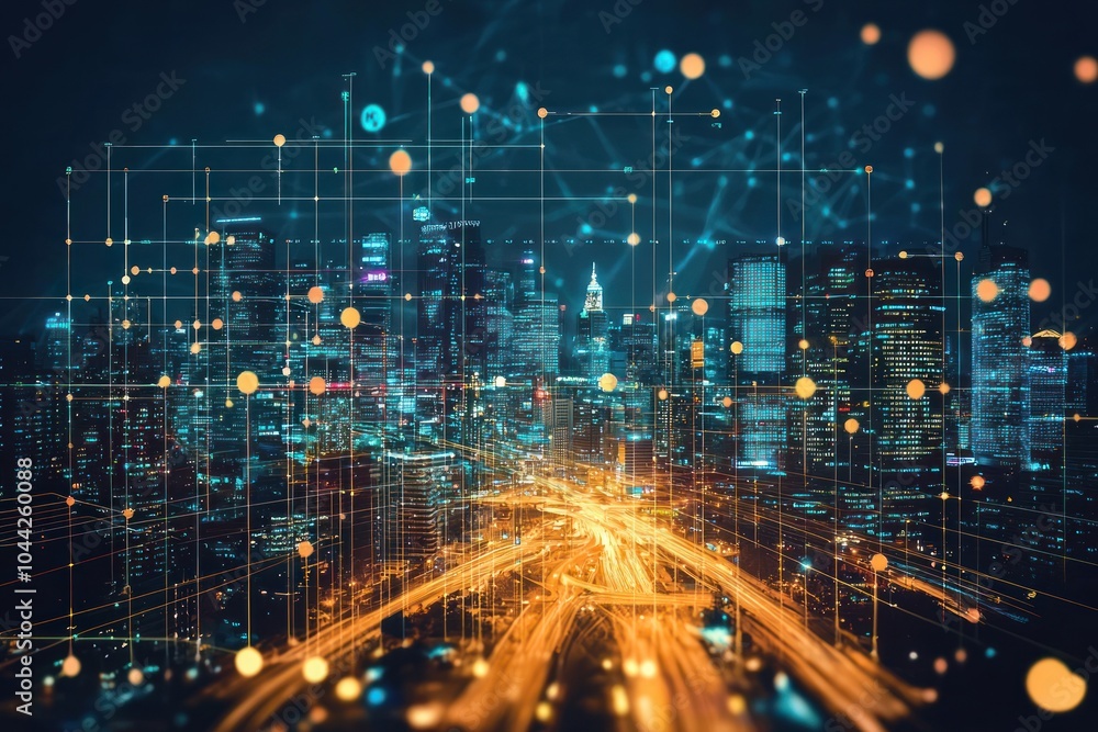 Fototapeta premium Cityscape with Networked Grid and Illuminated Traffic