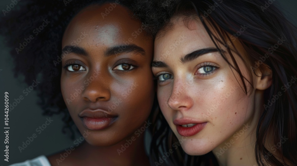 This image features an intimate close-up portrait of two women with different ethnic backgrounds. It highlights diversity, beauty, and connection through their expressions. This image features an intimate close-up portrait of two women with different ethnic backgrounds. It highlights diversity, beauty, and connection through their expressions.