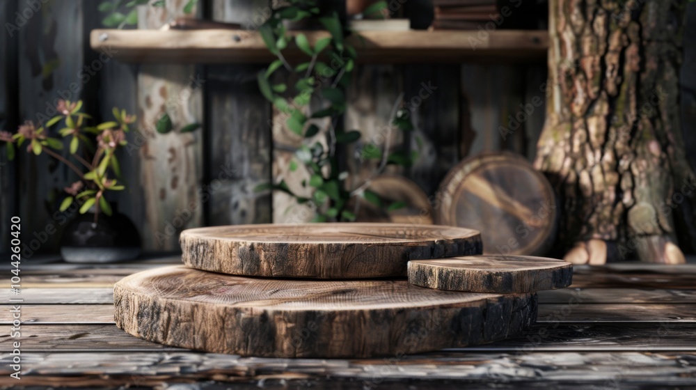 A cozy rustic setting featuring wooden rounds atop a wooden table, with a plant and a textured wooden wall, evoking a sense of nature and warmth.