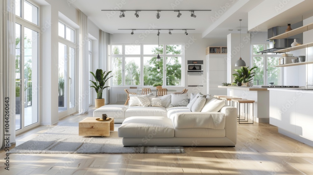 A contemporary open-plan living space featuring a cozy sectional sofa, wooden flooring, large windows, a kitchen island, and abundant natural light throughout the room. A contemporary open-plan living space featuring a cozy sectional sofa, wooden flooring, large windows, a kitchen island, and abundant natural light throughout the room.