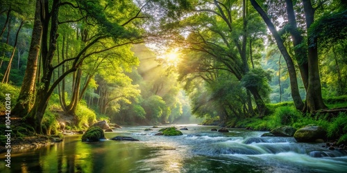 Wild River Flowing Through Lush Forest Landscape - Nature Photography