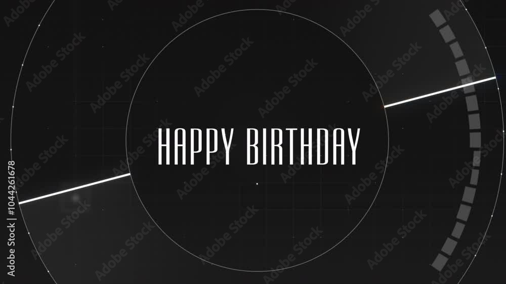 A black and white background with a circular pattern. Happy Birthday written in white letters. Its a fun and stylish invitation or greeting card for a birthday celebration A black and white background with a circular pattern. Happy Birthday written in white letters. Its a fun and stylish invitation or greeting card for a birthday celebration