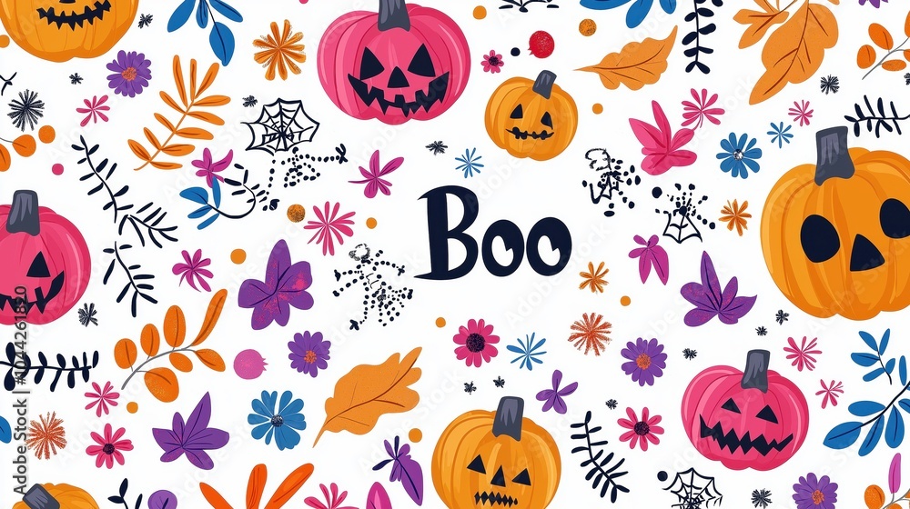 Festive Halloween pumpkin and autumn leaf pattern with spooky icons like bats spider webs ghosts and candies Vibrant and colorful Halloween background perfect for holiday designs party invitations Festive Halloween pumpkin and autumn leaf pattern with spooky icons like bats spider webs ghosts and candies Vibrant and colorful Halloween background perfect for holiday designs party invitations