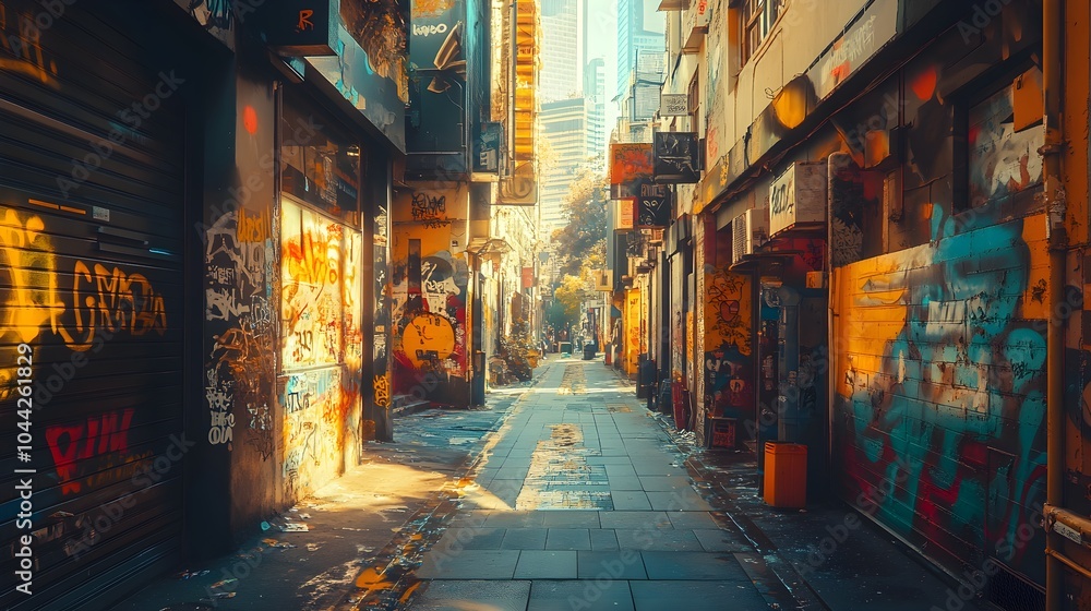 Naklejka premium Towering retro-futuristic skyscrapers, bathed in sunlight, stand above streets lined with colorful 80s-inspired graffiti, bursting with creative energy