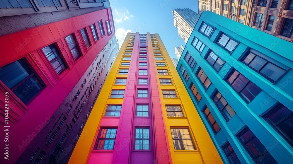 Fototapeta premium Soaring skyscrapers in morning hues, vibrant street art dances along their base, fusing urban landscapes with bold artistic vibrancy and color