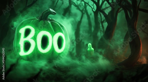 Glowing Boo sign floating in a mysterious foggy forest with an eerie supernatural atmosphere  The haunting green glow and silhouetted trees create a spooky creepy and ominous scene photo