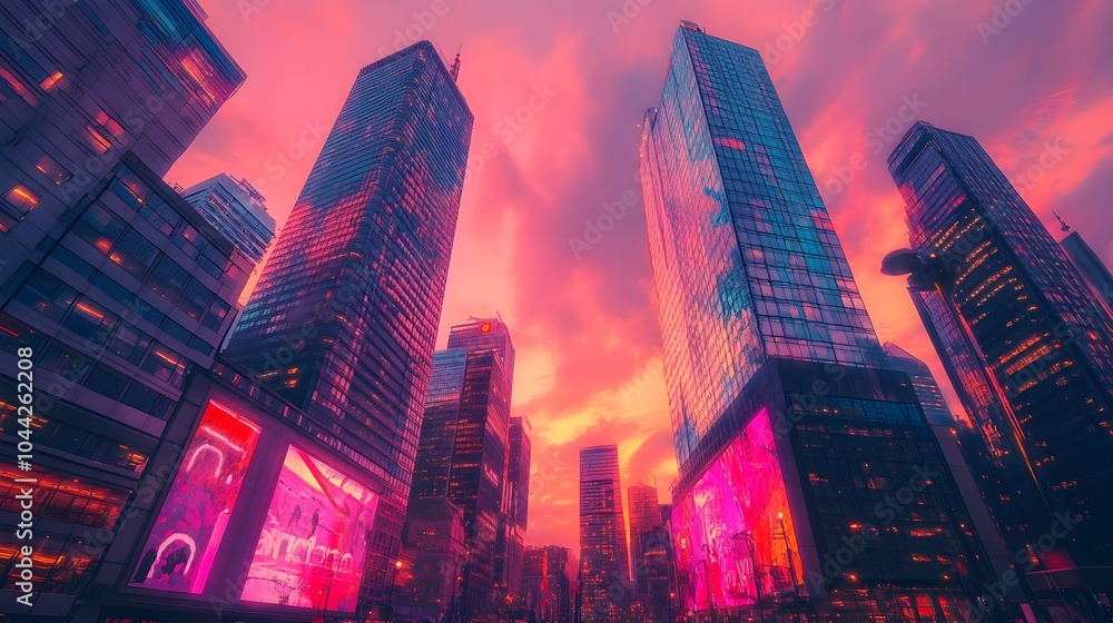 Sunset-illuminated skyscrapers in a bustling city, the base alive with vibrant street art that splashes the scene with bold, dynamic colors Sunset-illuminated skyscrapers in a bustling city, the base alive with vibrant street art that splashes the scene with bold, dynamic colors