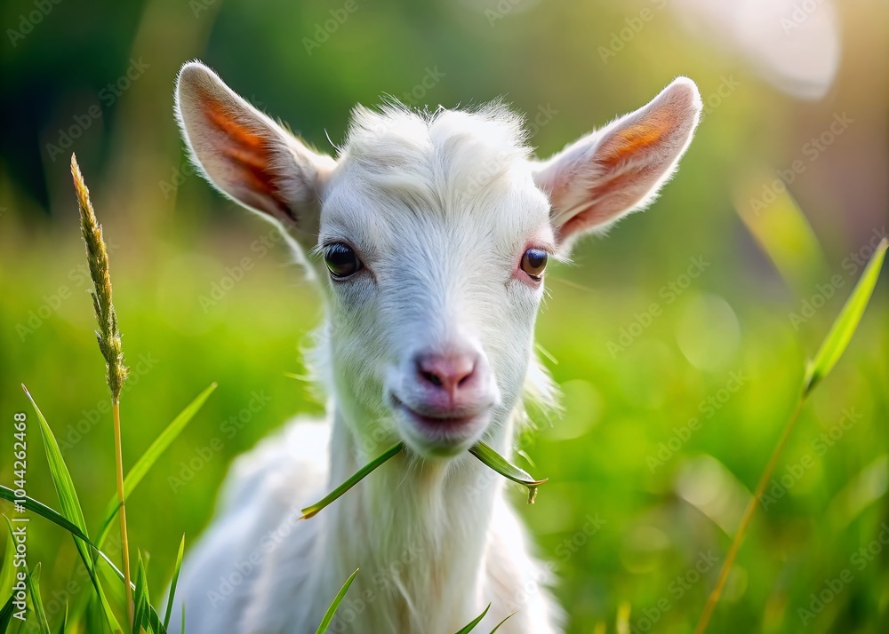 Young White Goat Kid Feeding in Lush Farmland - High Depth of Field Nature Photography Young White Goat Kid Feeding in Lush Farmland - High Depth of Field Nature Photography