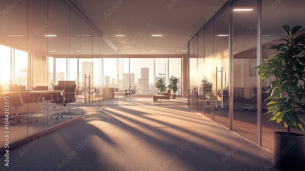 Modern office interior with large windows overlooking a city skyline at ...