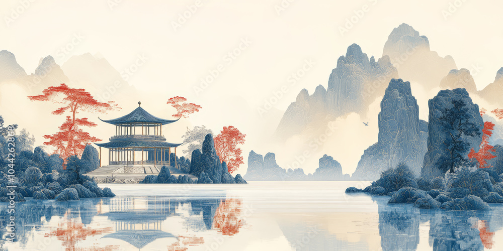 Fototapeta premium Traditional Chinese style of minimalist landscape painting art background