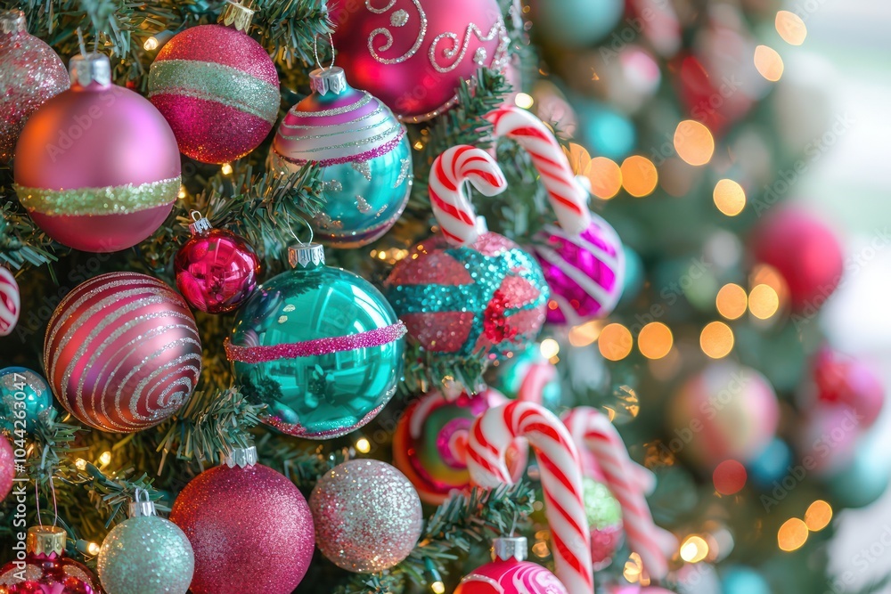 Whimsical Christmas tree with colorful baubles, candy canes, and playful toppers Whimsical Christmas tree with colorful baubles, candy canes, and playful toppers